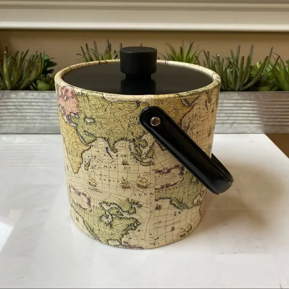 Irvinware vintage old world map ice wine bucket MCM bottle cooler chiller bar